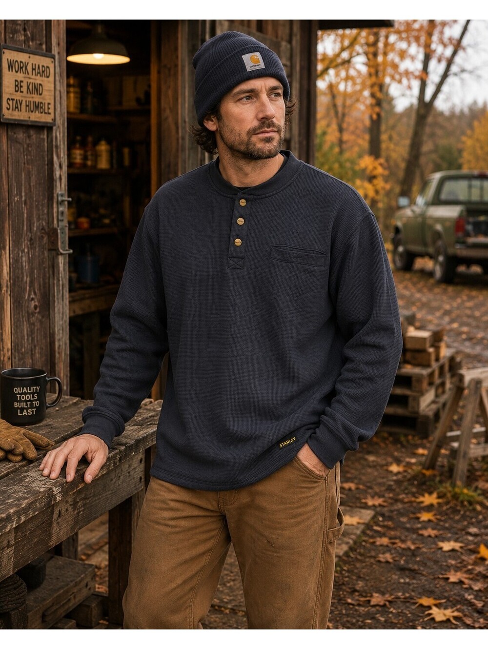 Stanley Workwear Men’s XL Navy Thermal Henley Pullover Fleece Lined Work Shirt